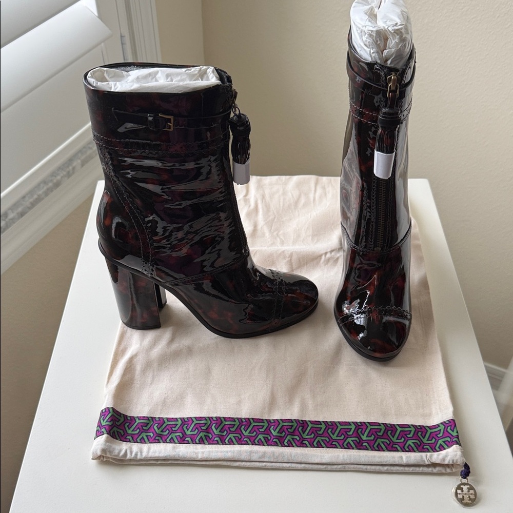 Tory Burch Patent Burgundy Tassel Zip Ankle Boots